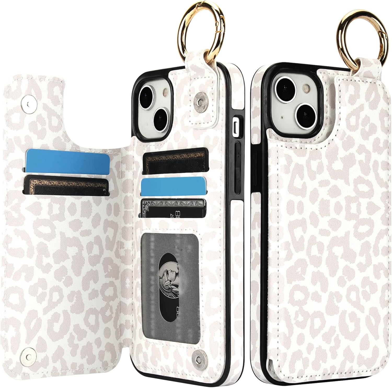 HAOPINSH for 14 Plus Wallet Case with Card Holder, White Leopard Cheetah Pattern Back Flip Case PU Leather Kickstand Card Slots Case, Finger Grip Ring Double Magnetic Clasp Case 6.7"