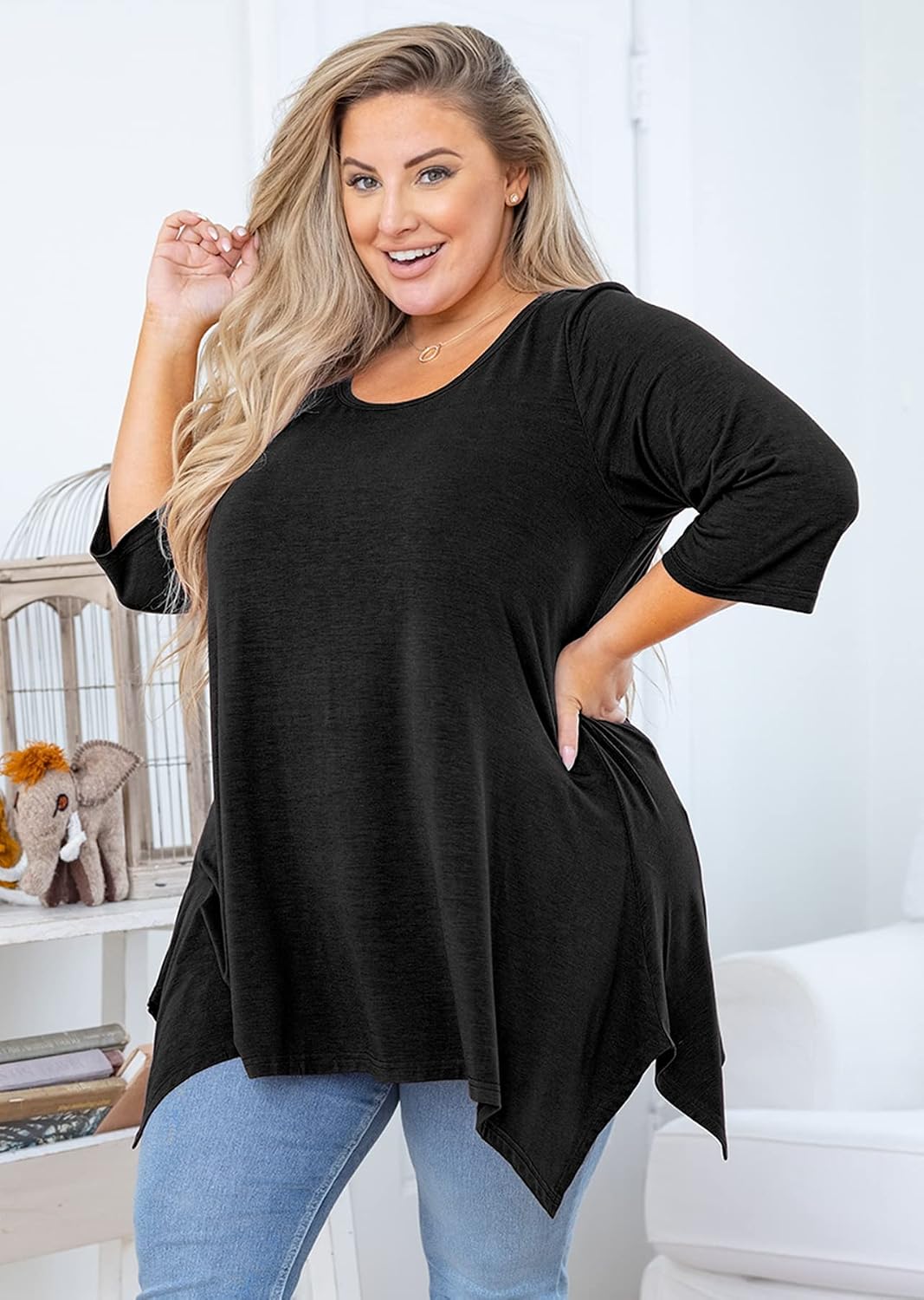 AusLook Plus Size Women's Tunic 3/4 Sleeve Clothes Swing Babydoll Top Side Split Crewneck Blouse Flowy Shirts 1X-5X