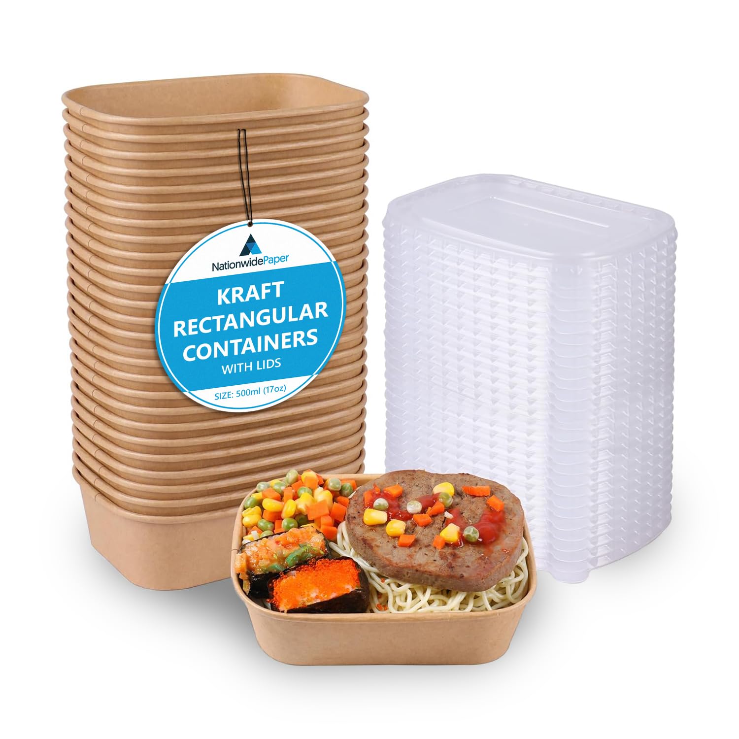 Nationwide Paper 500ml Rectangular Kraft Disposable Food Containers with Lids, 100-Pack Heavy-Duty Takeaway Boxes for Restaurants, Parties, and Meal Prep - Brown
