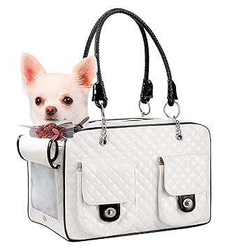 NewEle Fashion Pet Carrier, Small Dog Carrier, Cat Carrier, Quality PU Leather Dog Purse, Collapsible Portable Pet Carrying Handbag for Travel Walking Hiking - White