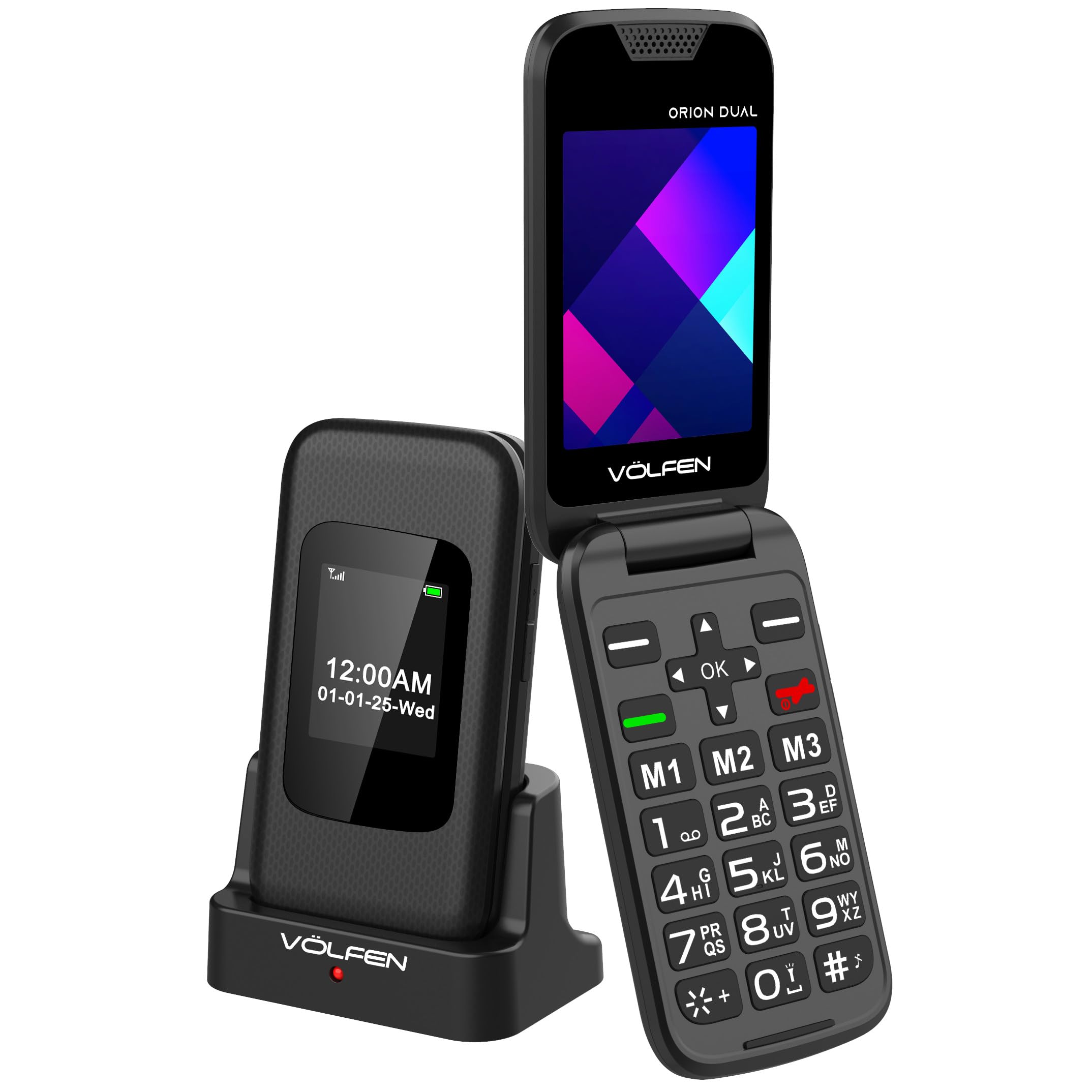 Orion Dual - Teléfono móvil de Tapa para Personas Mayores de Doble Pantalla, Botones y Teclas Grandes, fácil de Usar, USB-C, 3 memorias directas, Base de Carga (Negro)