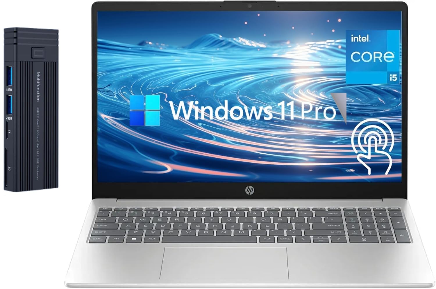 HP 15.6" FHD IPS Touchscreen Laptop, Intel 10-Core i5-1334U Processor, 16GB RAM 512GB SSD, Webcam, Wi-Fi 6, Bluetooth, 128gb 9H Docking Station, Windows 11 Pro, Silver