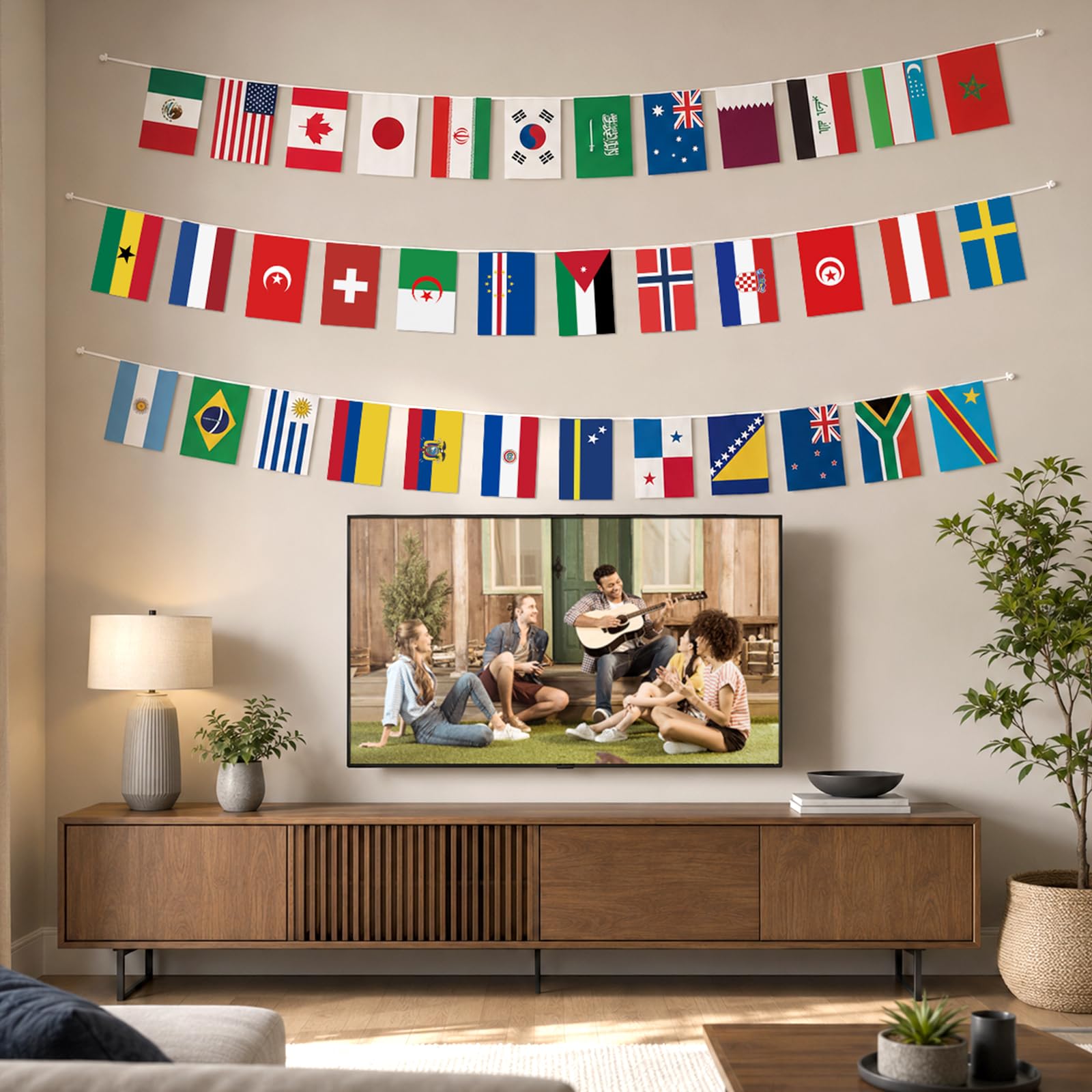 G2PLUS 48 Drapeaux du Coupe du Monde: 15 m Bannière pour Coupe du Monde 2026 - Świąteczne decoracje piłkarskie przy barze decorowym, Fête, Maison, Jardin i Terrasse (14 x 21 cm)