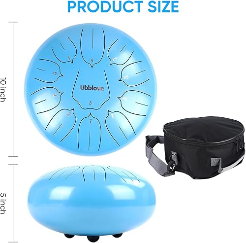 Miniatura 18 de Tambor de lengua de acero, tambor de tanque de mano, 11 notas, instrumento de percusión de meditación de 10 pulgadas con mazos, púas de dedos