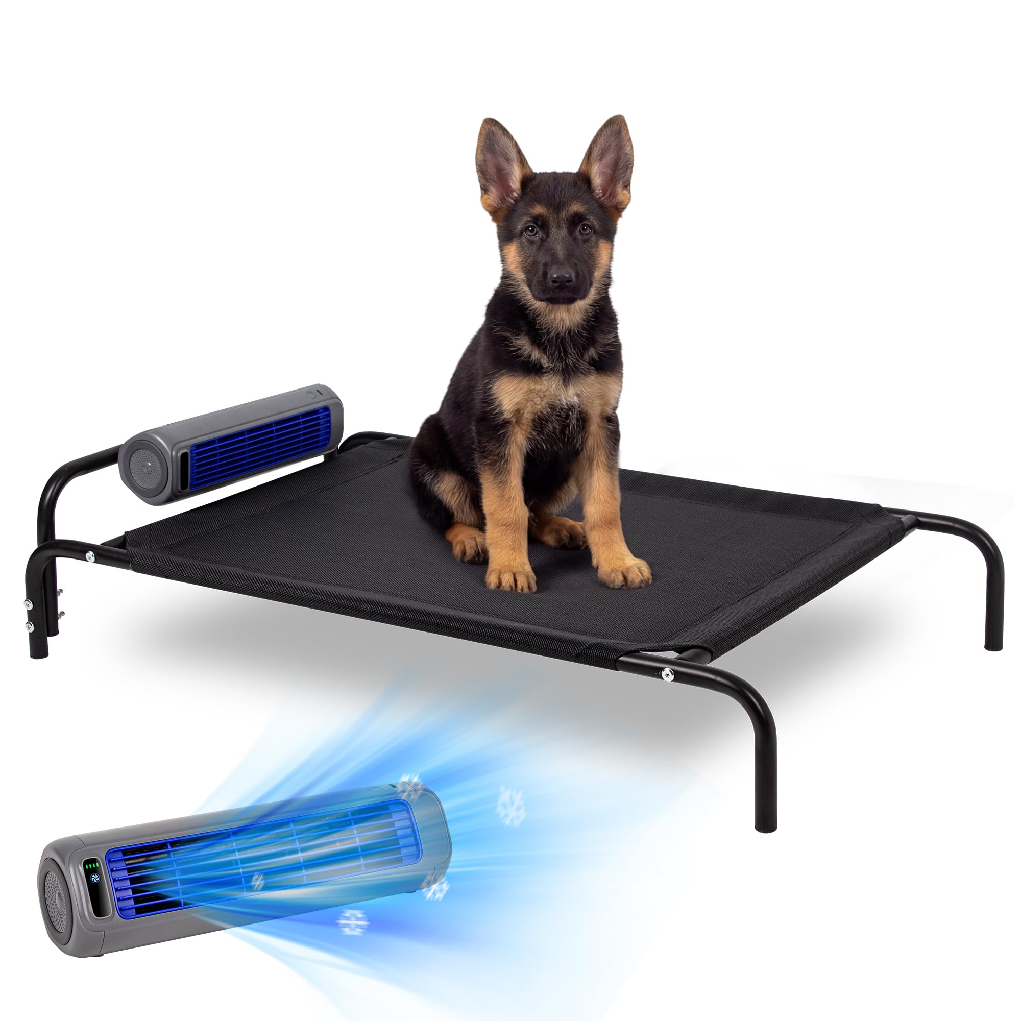 Tailwaggz Elevated Outdoor Dog Bed with Fan - Cooling Dog Bed for Large Dogs, Waterproof Cot Easy to Assemble, 3 Wind Speed, Raised Dog Bed with Washable Mesh Cover, Durable, Non Slip, Up to 85 lbs