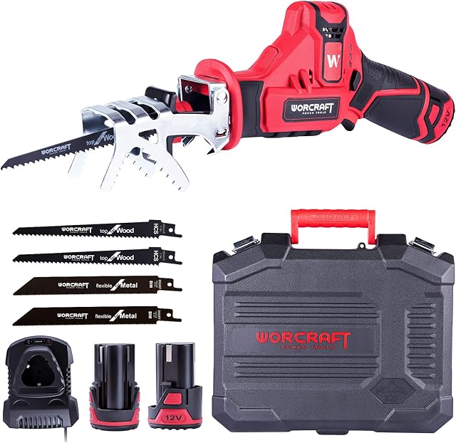 WORCRAFT Cordless Sabre Saw, Reciprocating Saw, Light & Compact Design, Tool-Free Blade Chuck, Toolbox, 2 * Li-ion Battery(12V, 2.0Ah), Bracket & 4 Blades
