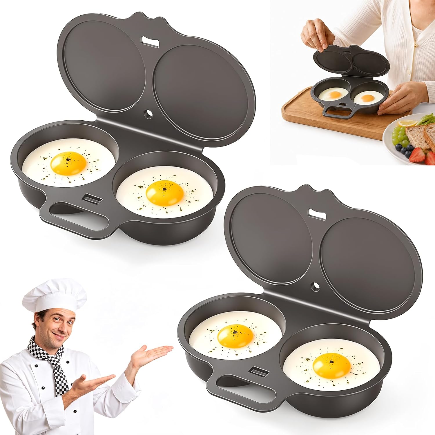 2Pcs Dual Cavity Microwave Egg Poacher With Lid & Handle,Black