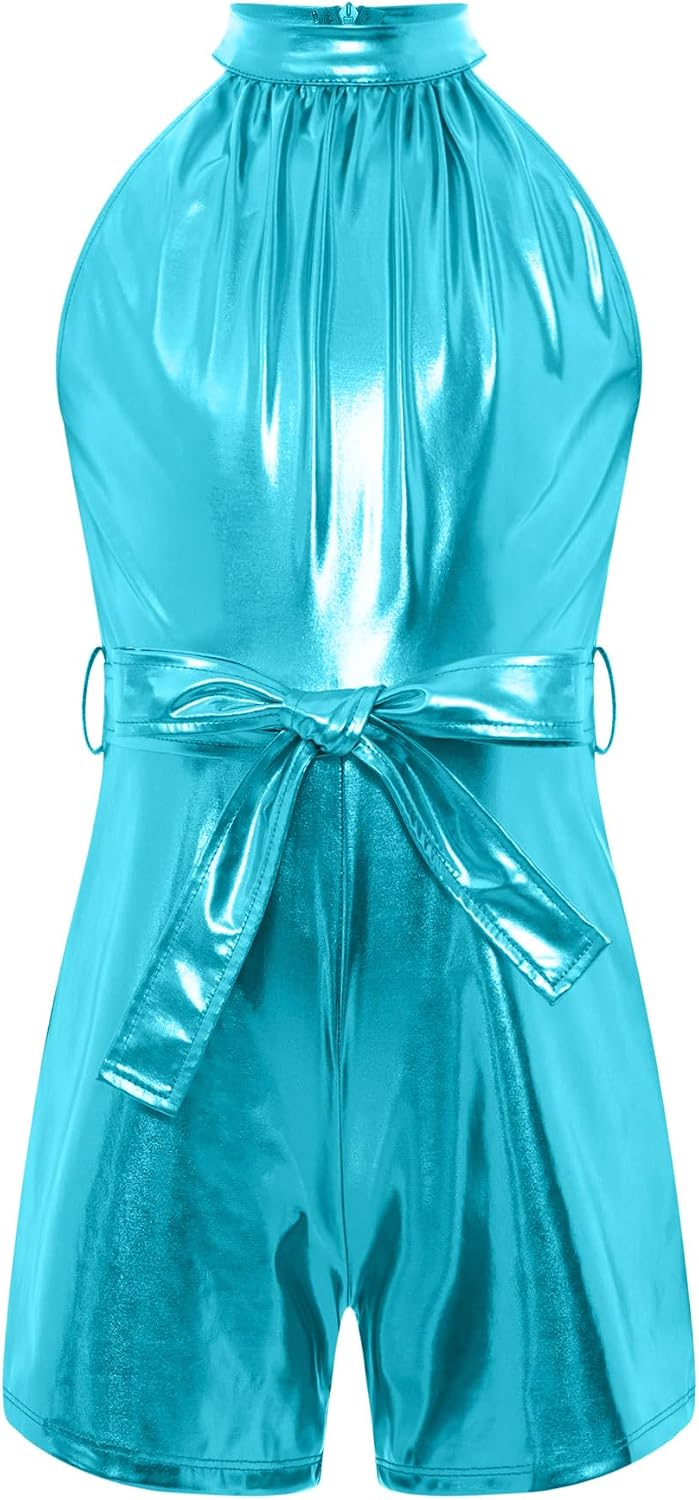 Kids Girls Metallic Sleeveless Rompers Shiny Halter Neck Belted Shorts Jumpsuits Dance One Piece Outfit