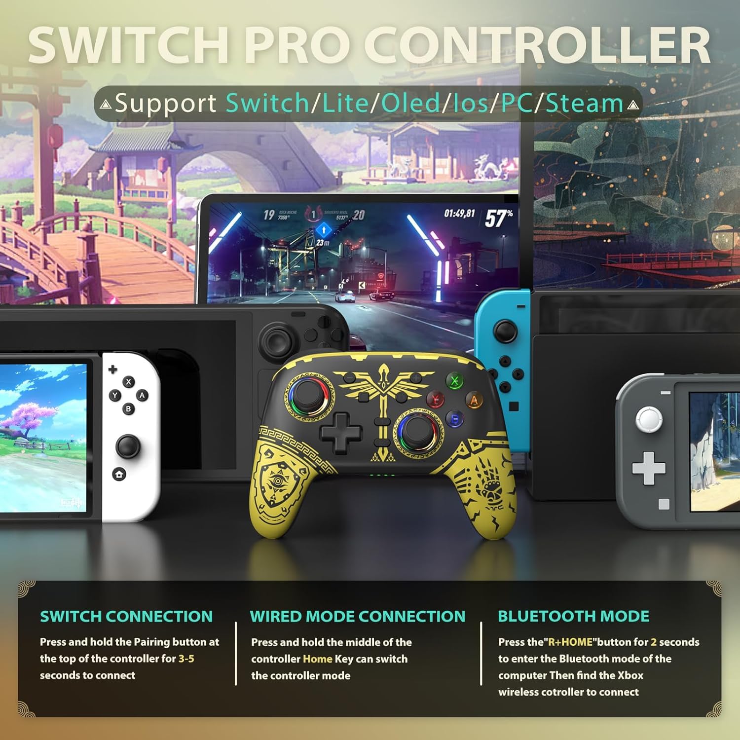 YTEAM Wireless Controller für Switch/OLED/Lite, Bluetooth Gamepad mit LED, Vibration, Turbo, Bewegungssteuerung, kompatibel mit PC, Android, Apple MFI, Steam