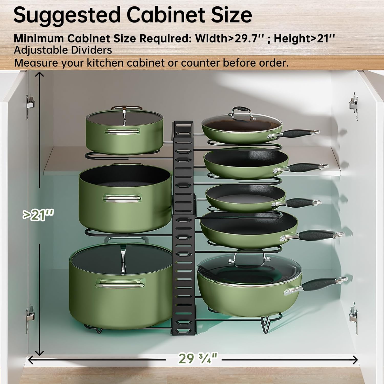 MUDEELA Pots and Pans Organizer Rack under Cabinet 8-Tiers Adjustable Pot Rack with 3 DIY Methods, Expandable 11.65'' to 19" Pot Lid Organizer for Kitchen Pantry Cabinet Organization and Storage