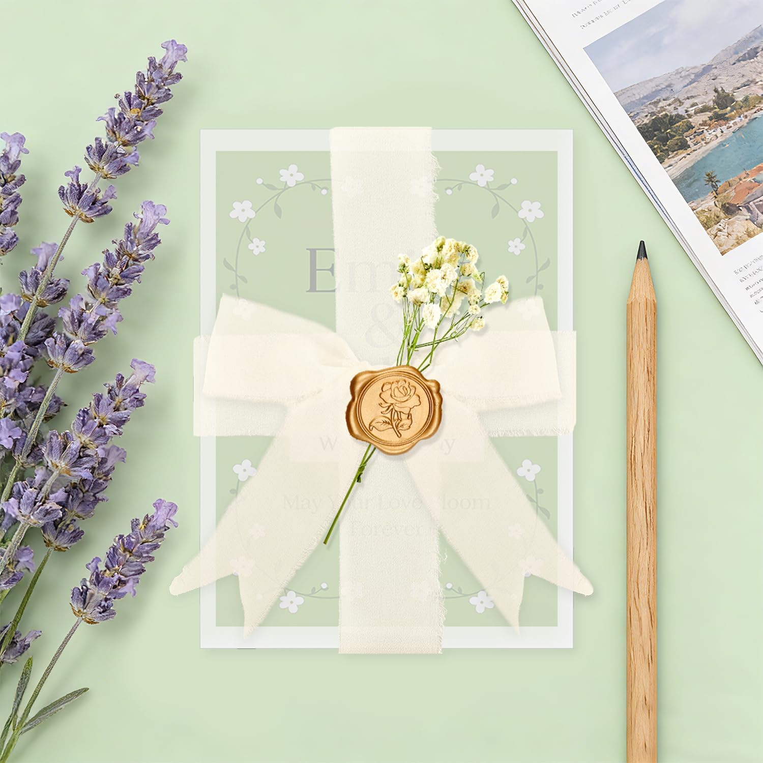 100Sets Wedding Invitations Wraps Set, Pre Folded Vellum Jackets for 5x7 Invitations with Self Adhesive Gold Wax Seal Stickers, Ribbon, White Dried Flowers, Wedding Invitation Kit for Bridal Craft DIY
