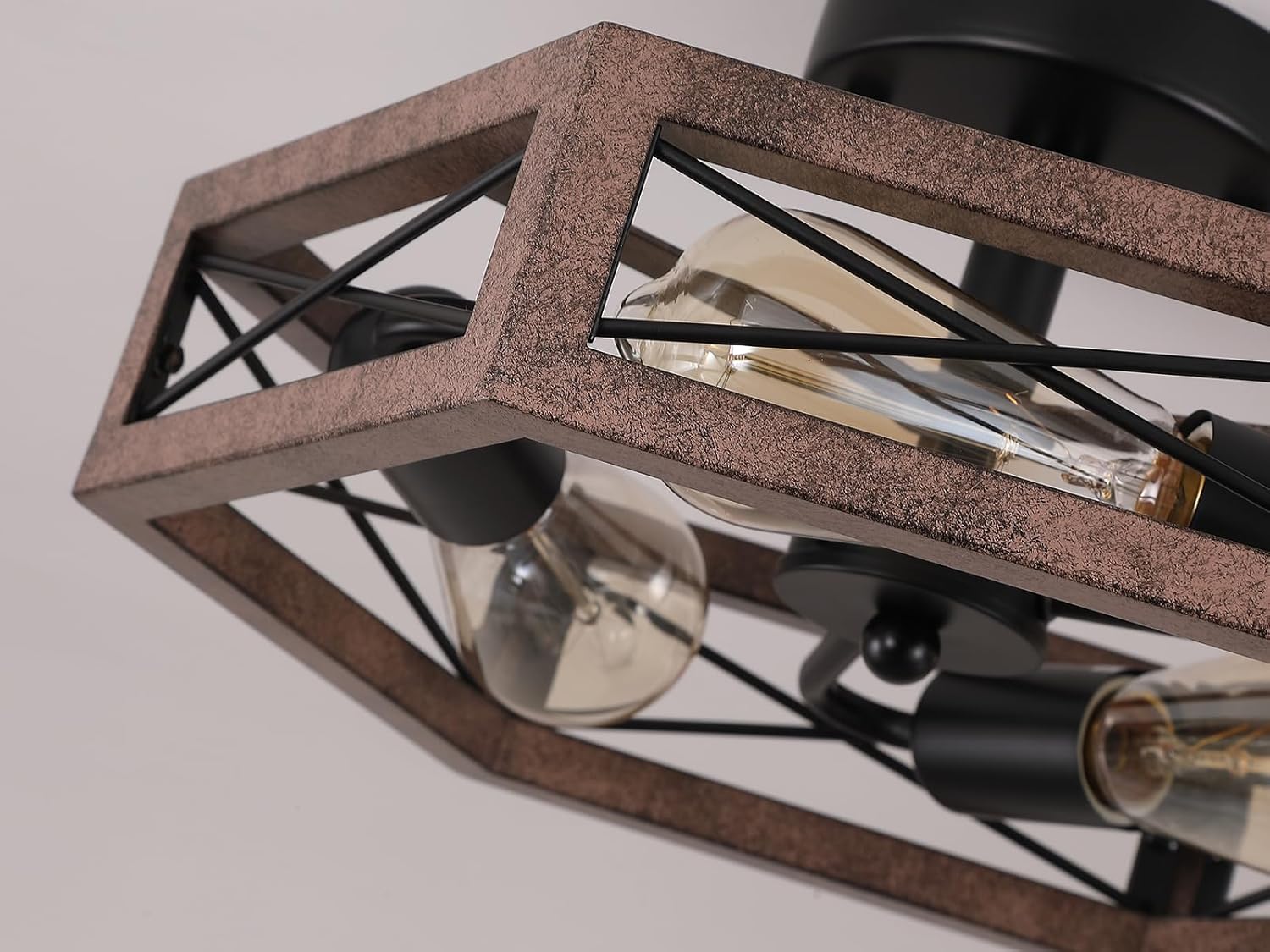 3-Light Rustic Farmhouse Metal Flush Mount Ceiling Light Fixture 14.5 inch Antique Oak Hexagon Cage Semi Flush Mount Ceiling Light for Hallway Hall Entry Bedroom Kitchen Farmhouse, Black