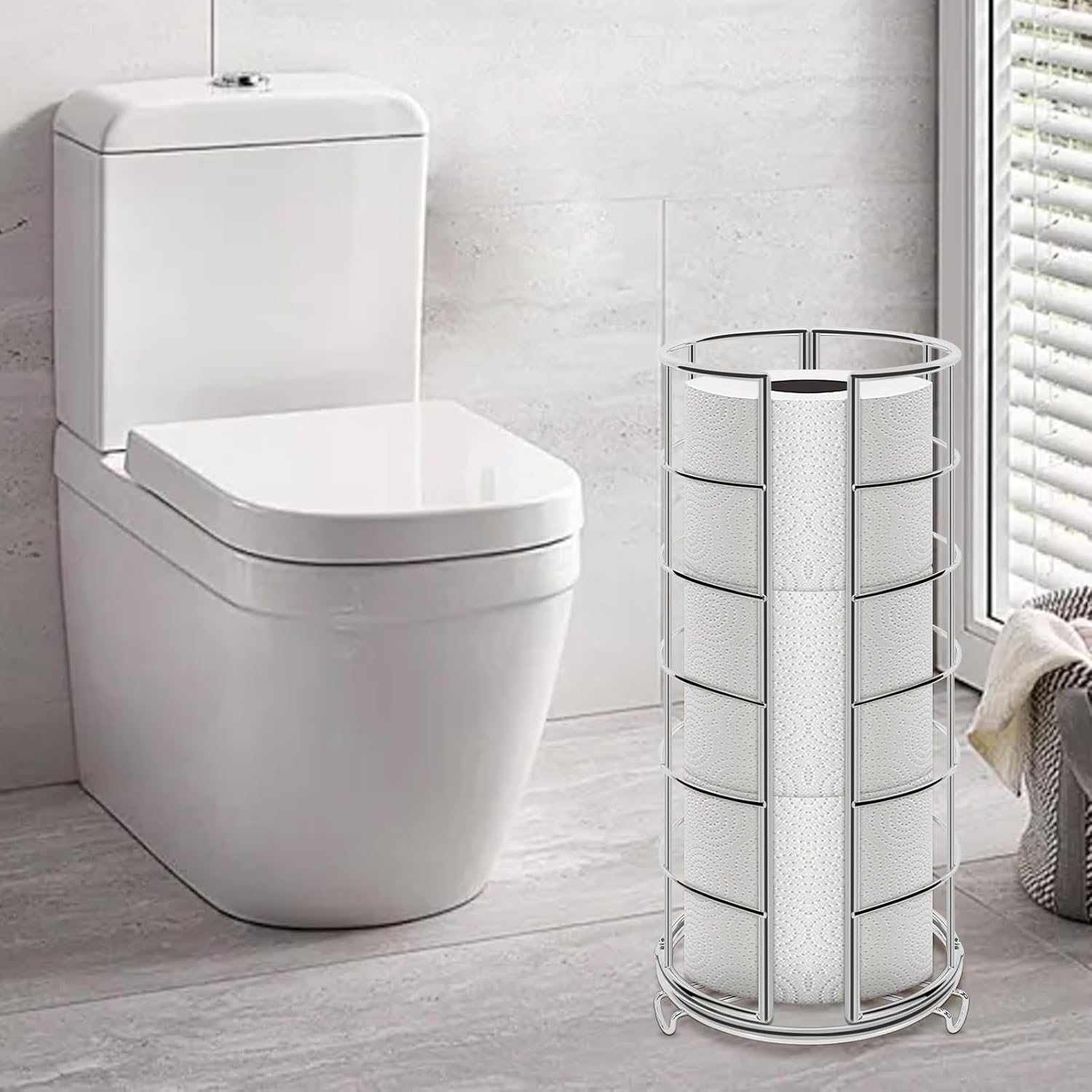 NearMoon Toilet Paper Organizer Stand, Free Standing 3 Rolls Tissue Storage, Metal Bathroom Accessory, Rustproof Toilet Roll Holder for Kitchen Countertop Inside Cabinet Shelf(Metal Base, Chrome)