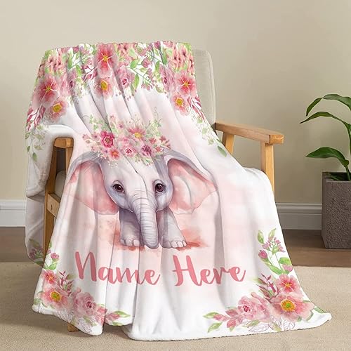 Miniatura 318 de Manta personalizada con diseño de jirafa y elefante, manta de franela suave, acogedora y ligera con nombre para sofá, cama, sofá, regalo, unisex