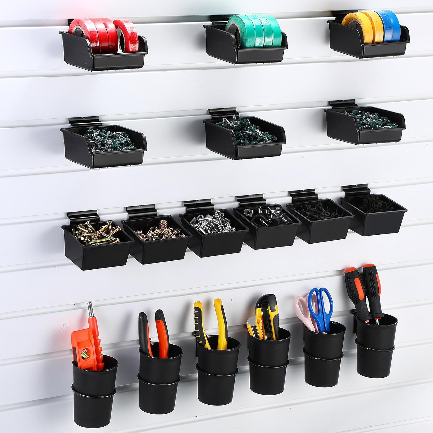 GlikCeil 18 Sets Slatwall Accessories Bins Cups with Hook Slatwall Wall Organizer Tool Holder Steel Cups Set Slat for Garage Craft Workshop Office Storage(Black)