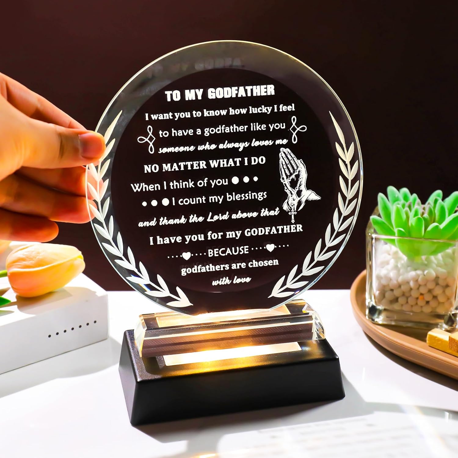 YWHL Godfather Gifts from Godchild with Colorful LED Base, Fathers Day Birthday Gifts for Godfather from Goddaughter Godson, Crystal Keepsake to My Godfathers Gift for Christmas Thanksgiving