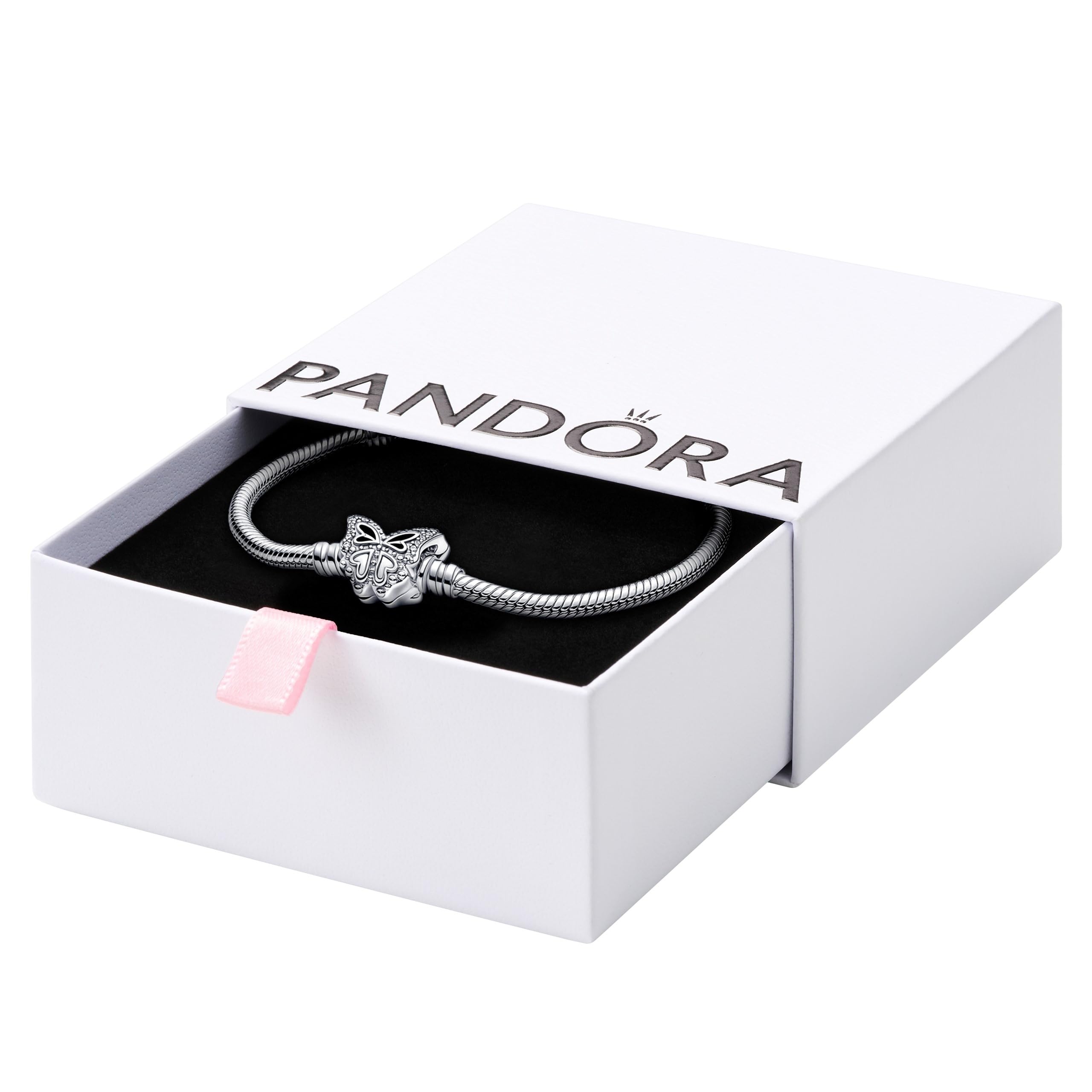PANDORA Moments - Bracciale con maglia snake in argento sterling con chiusura a farfalla e pietre di zirconia cubica incolori