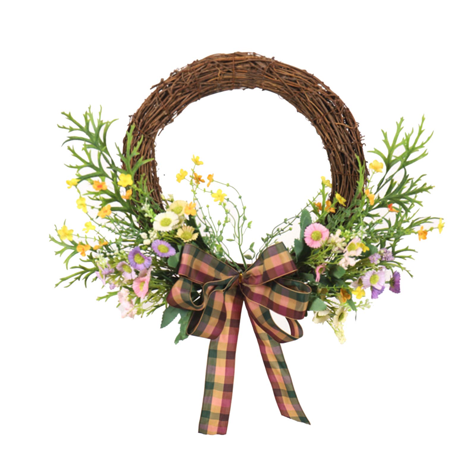 Türkranz LIU- Frühling Sommer Kleine Sonnenblume Geweih Blatt Kranz Mit Plaid Bowknot Handgemachte Front, Home Bauernhaus Garten Dekor