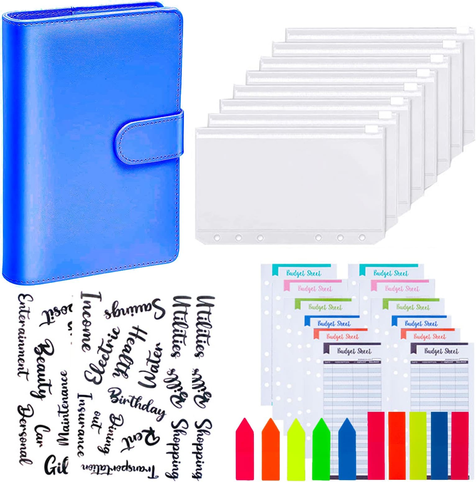A6 Budget Binder Set - 28pcs Leather Ring Binder Notebook with Clear Cash Envelopes, Budget Sheets, Label Stickers and Cash Organizer for Travel and Diary - Blue