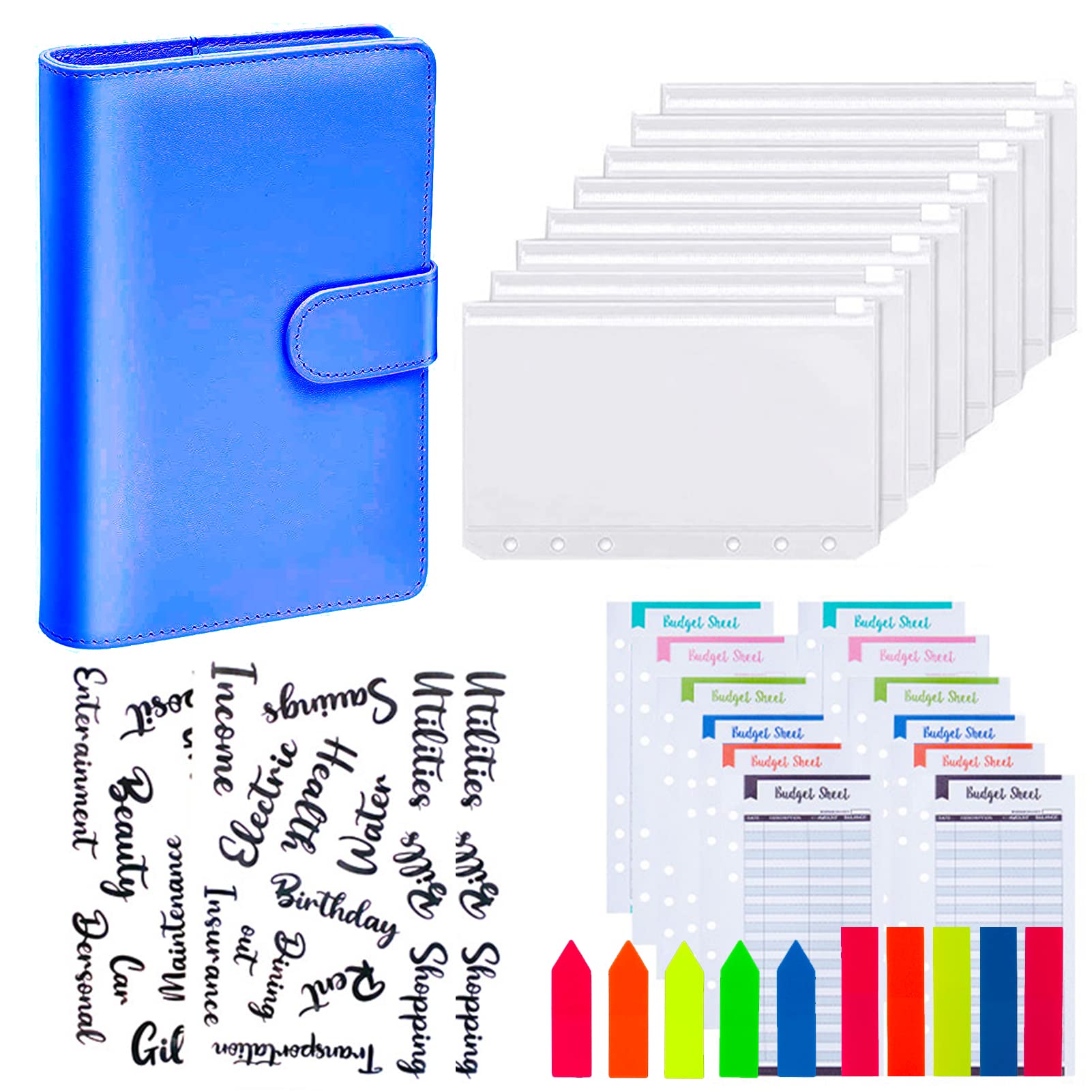 Lot de 28 classeurs budgétaires A6 – Classeur à anneaux en cuir avec enveloppes transparentes, feuilles de budget, étiquettes autocollantes et organiseur de billets pour voyage et agenda – Bleu