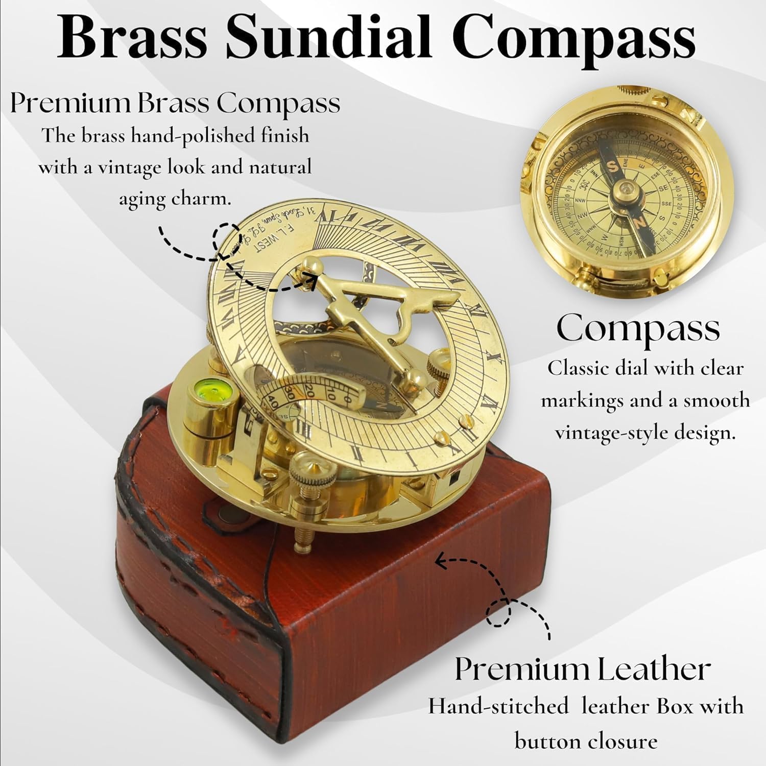 3-Inch Brass Sundial Compass with Leather Case – Vintage Maritime Navigation Instrument, Working Pocket Compass for Hiking, Camping & Collectible Gifts