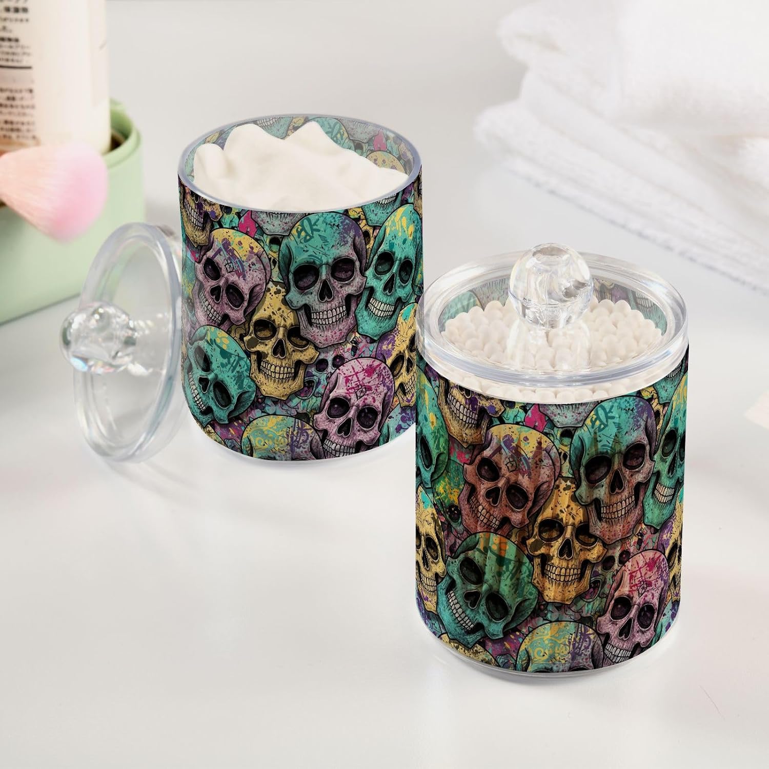 Joisal Colorful Skull Cotton Swab Jars with Visible Plastic Storage image 5