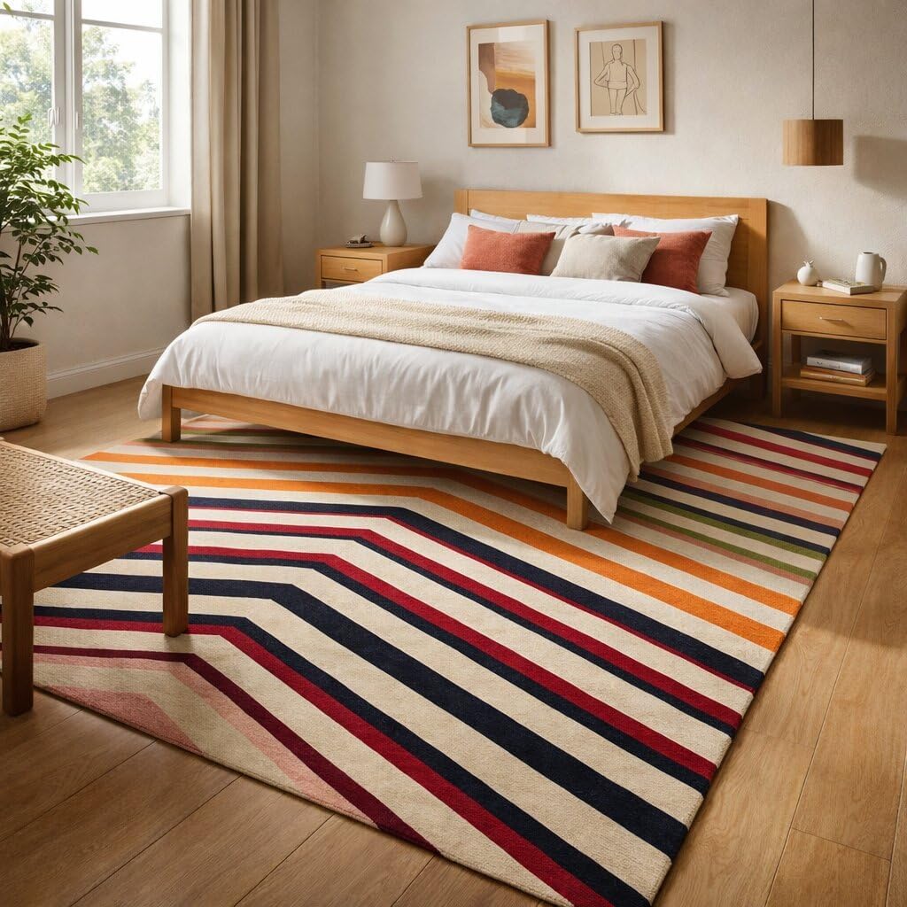 6'x10' Hand Tufted Wool Chevron Area Rug Colorful Striped Modern Carpet for Living Room Bedroom Dining Room Hallway Decorative Rectangular Floor Rug