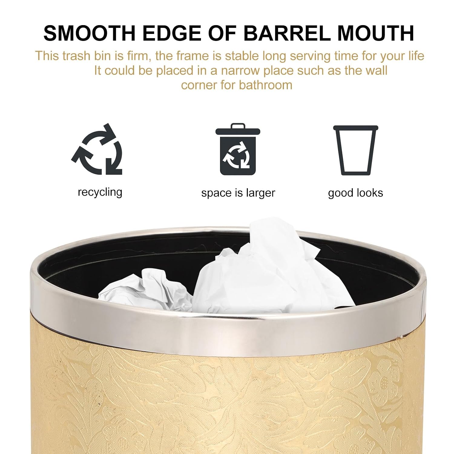 FOMIYES European-Style Round Garbage Can with Dual-Layer Metallic Lotus Design, Plastic Office Wastebasket for Bathroom, Bedroom, and Kitchen Use