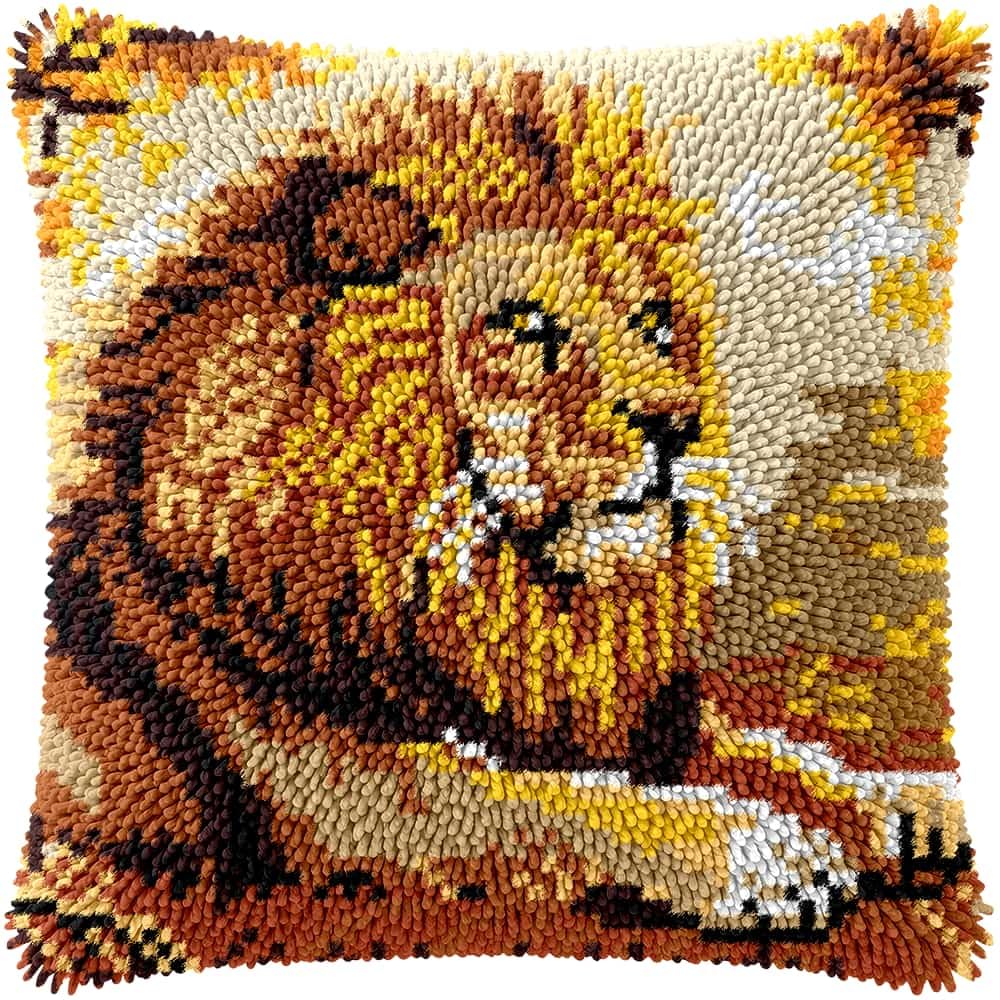 kitphoenix Latch Hook Kit Lion Pillow Case 43cmX43cm Needlework Latch Hook Kit Unfinished Crocheting Rug Yarn Cushion Embroidery Carpet Set