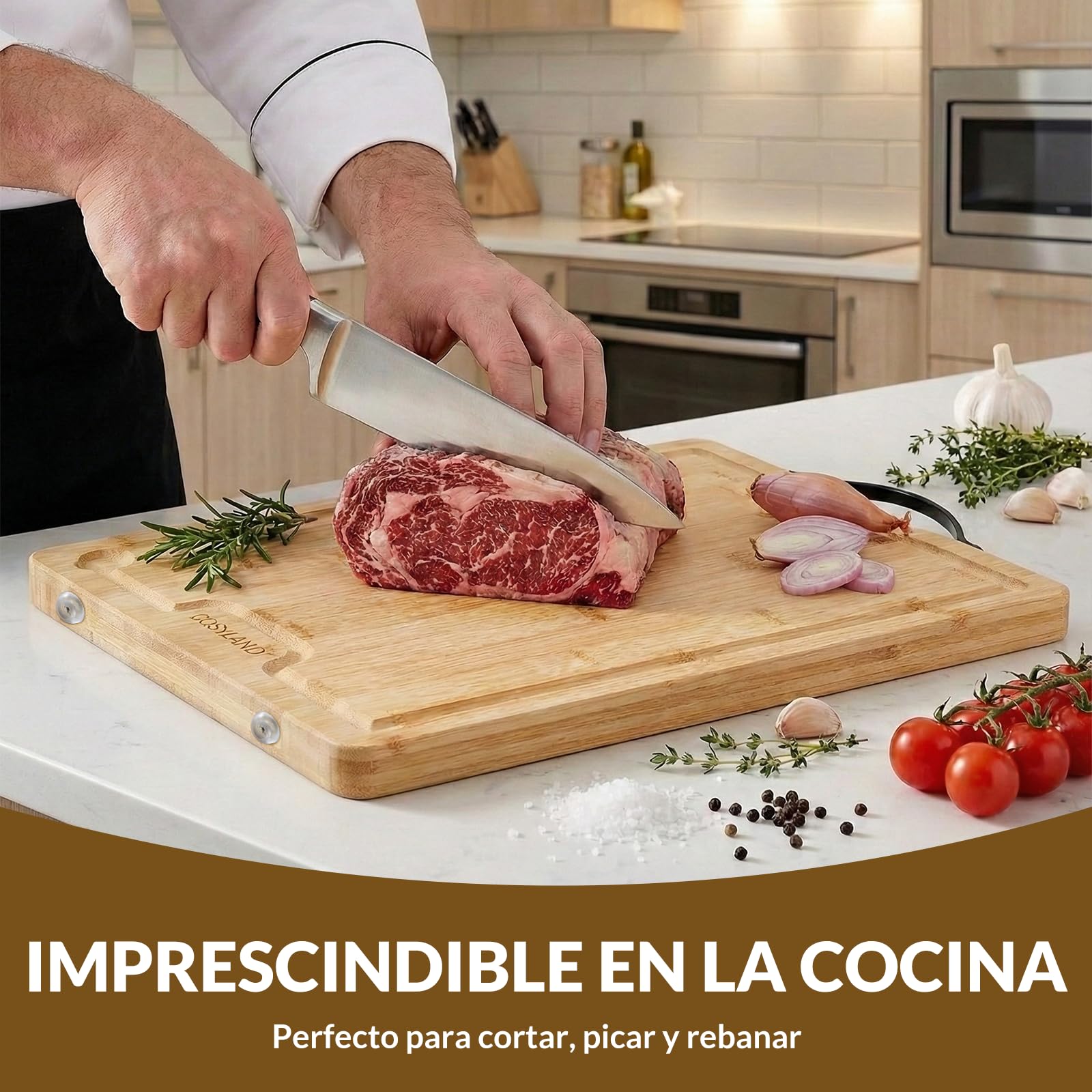 COSYLAND Tabla de Cortar de Madera 40x30x2 cm Preaceitada con Ranura para Jugos y Patas Antideslizantes