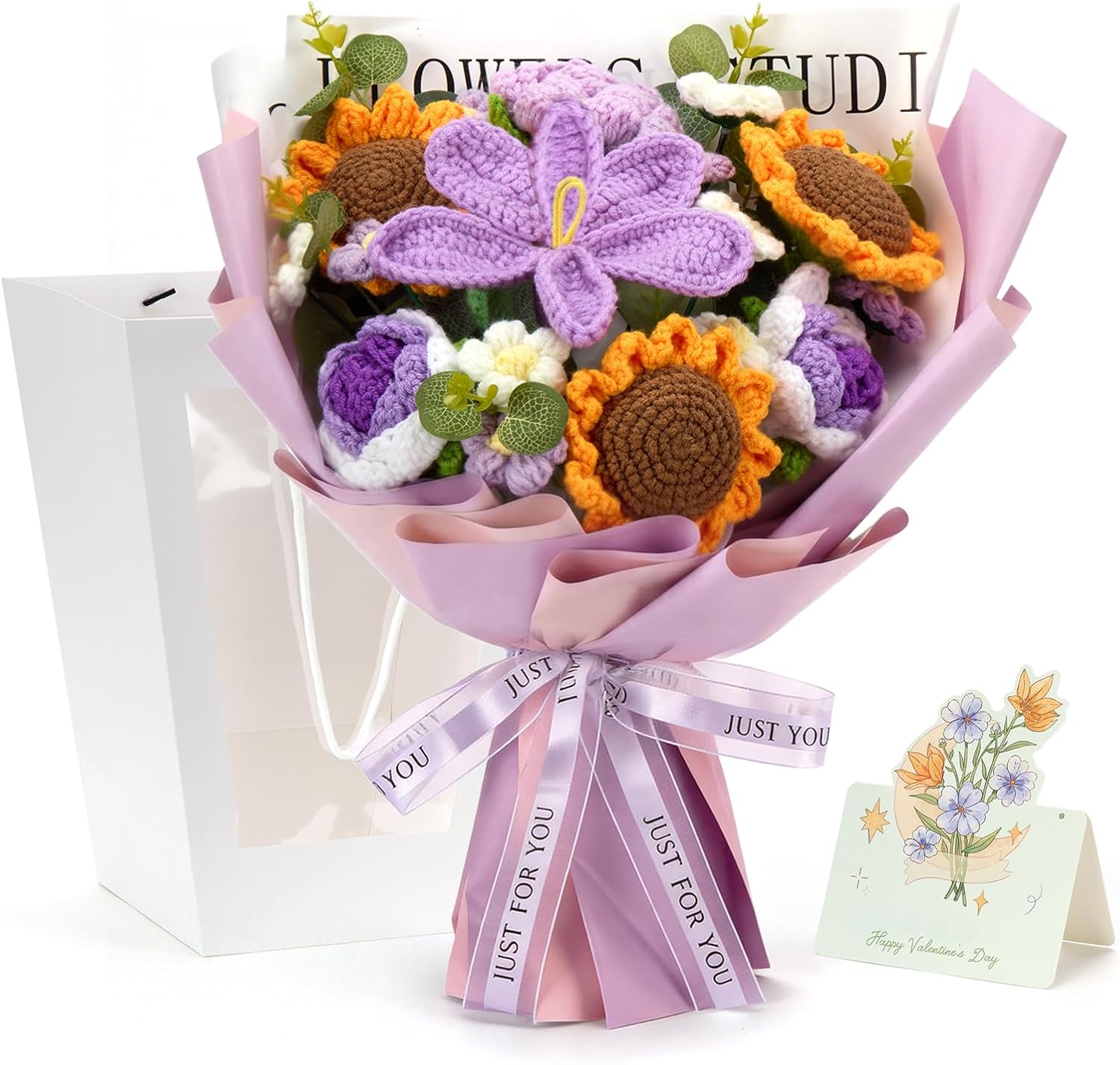 Hand-made Crocheted Flower Bouquet, 24 Flowers and 15" Tall, Taller and Plumper Knitted Rose, Galsang and Sunflowers Come with Gift Bag & Greeting Card,Gift for Mother’s Day,Teacher’s Day,Valentine