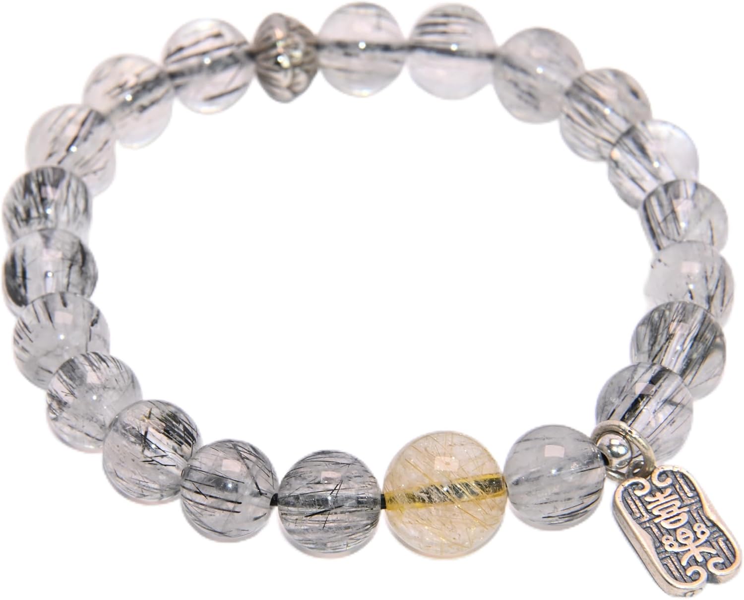 Natural Black Rutilated Quartz Bracelet with Golden Rutilated Quartz Bead, Round Crystal Stone Beads with Silver Charm