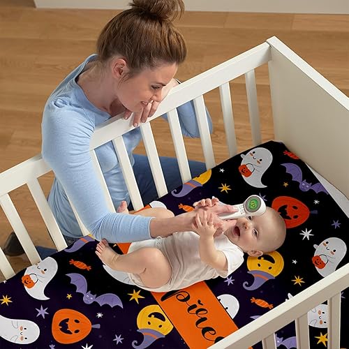 Miniatura 4 de Sábana bajera personalizada para cuna con nombre, 2 piezas para cuna, diseño de Halloween, para bebés, niños y niñas, mini sábana de cuna para bebé,