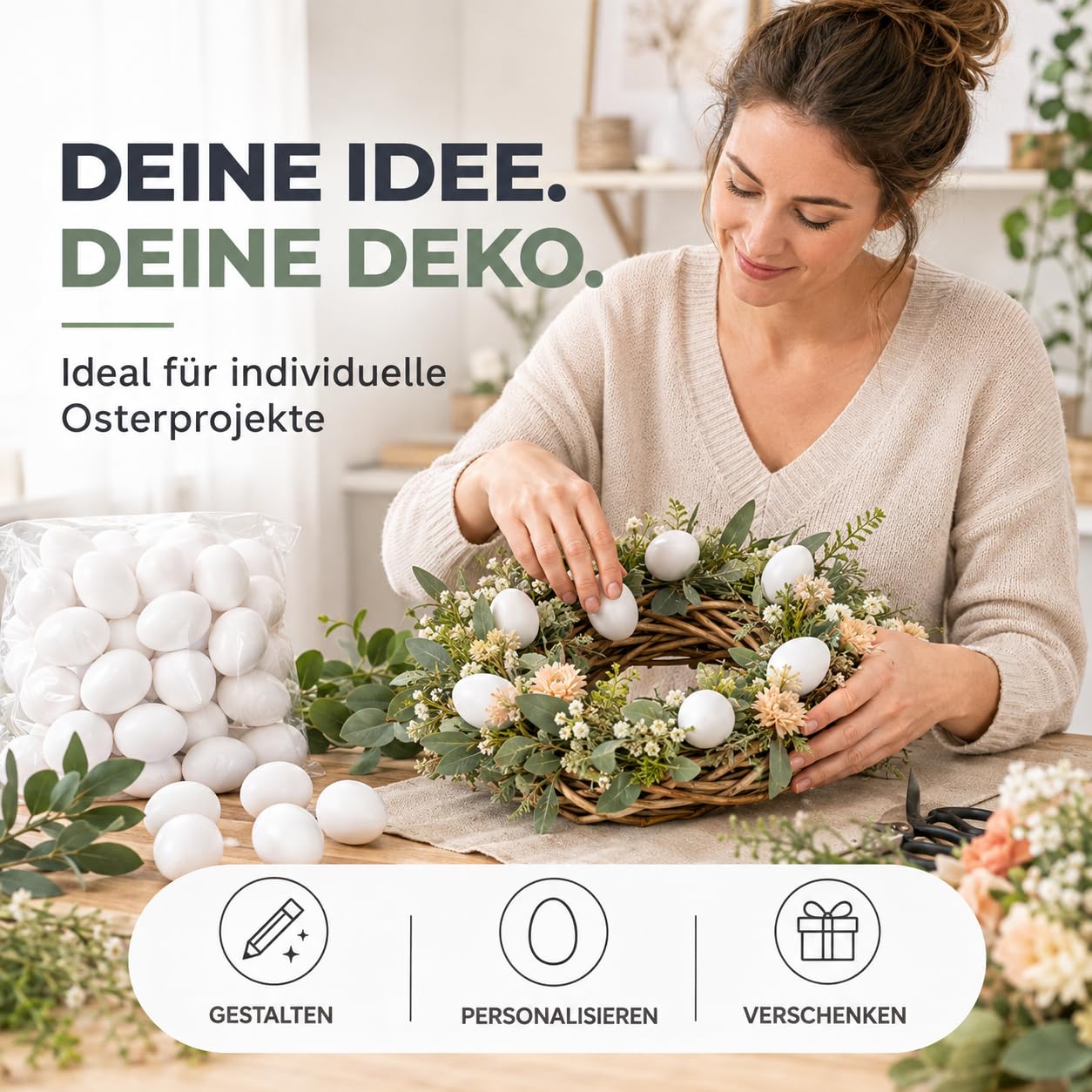 TK Gruppe Timo Klingler 250x Ostereier 6 cm Dekoeier Plastikeier Eier für Ostern Zum Basteln Bemalen Aufhängen aus Plastik, Kunststoff Weiß Kunststoffeier für Deko Dekoration Weiß (250)