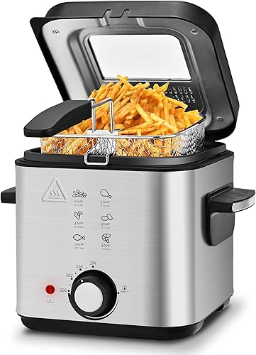 Miniatura 10 de Pukomc Freidora Profunda de 3 Litros de Capacidad, Freidora de Aceite de 1500W con Temperatura Ajustable, Ventana de Visualización, Cesta de Freír