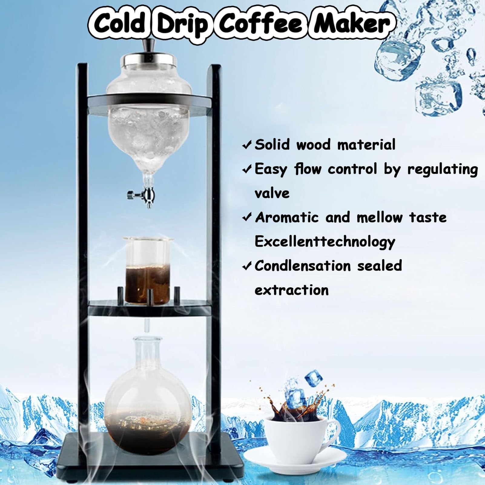 Ekspres do kawy przelewowej Ice Drip, przenośny 5-8 filiżanek, ekspres do kawy przelewowej Cold Brew, domowy, komercyjny, biurowy, ekspres do kawy przelewowej Pine Wood & Glass Tower