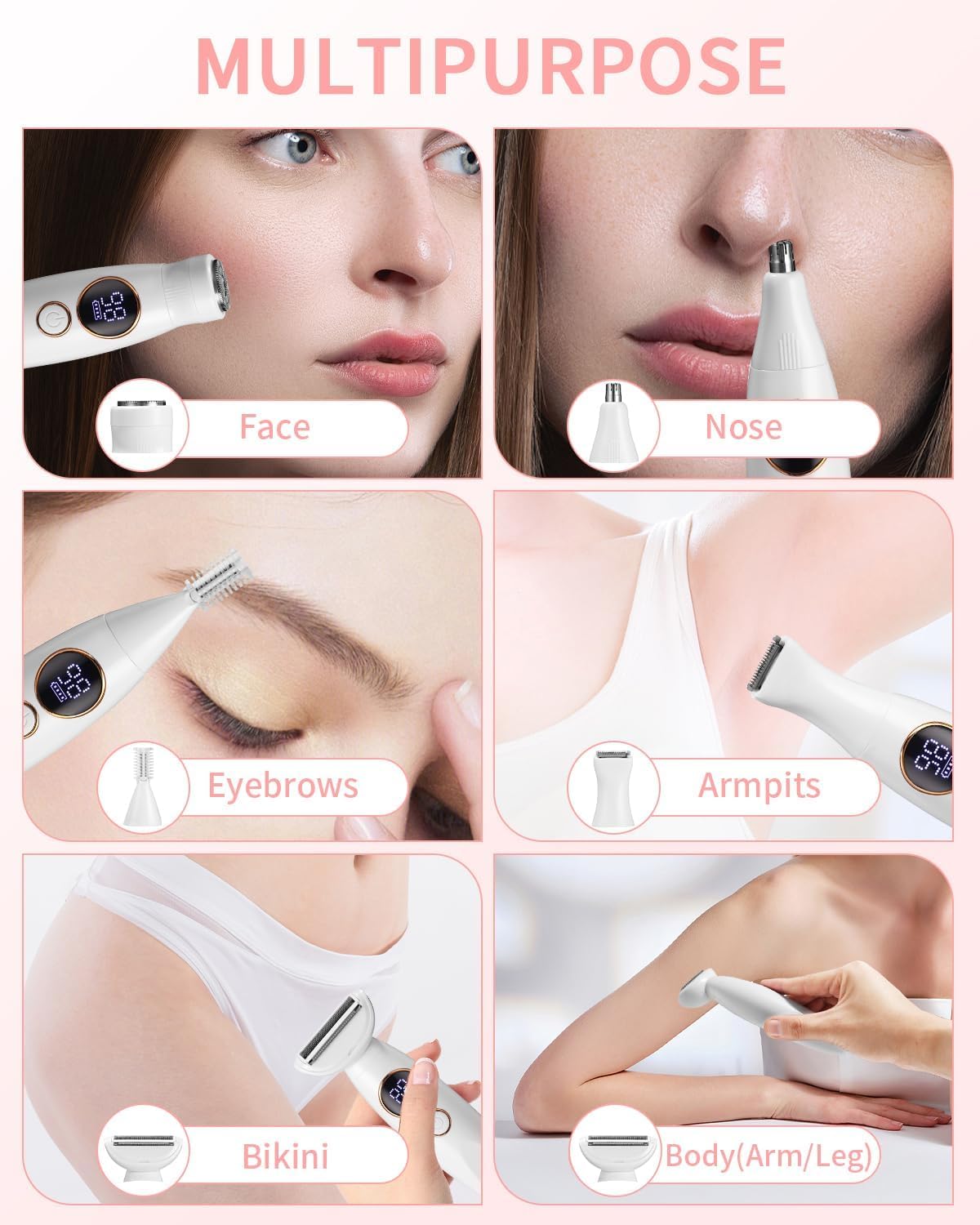 Rasoir Electrique Femme, 5 en 1 Tondeuse Femme Intime, Rasoir Femme Electrique avec Station de USB Rechargeable, Tondeuse Maillot Femme, pour Le Corps, Les Aisselles, Le Bikini, Les Sourcils et Le Nez