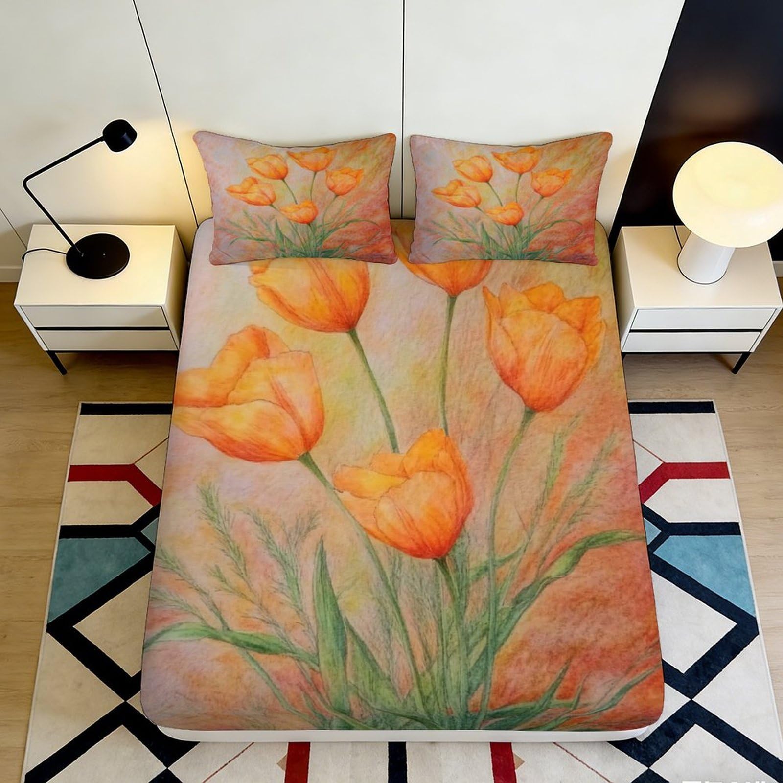 Decorative orange tulip Fitted Sheet, 3D Printed, soft touch Microfiber, wrinkle resistant, guest room bedding, easy care bed cover 90x200x25cm