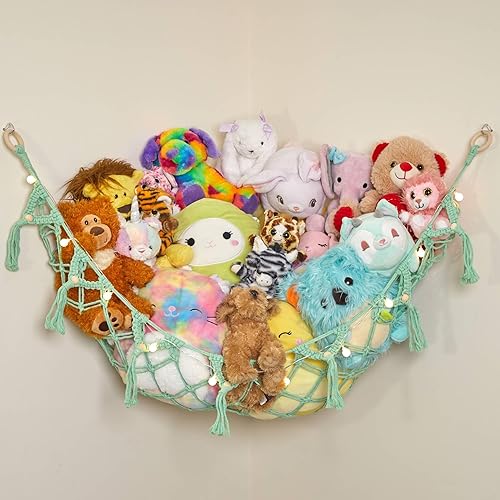 Lilly's Love Hamaca de macramé con luces de almacenamiento de animales de peluche  Red de cuerda estilo bohemio  Organiza el caos de peluche (menta)