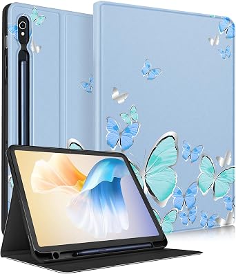 Wazzasoft for Samsung Galaxy Tab S10 Fe/S9 Fe Case - Tab S9 Case Women Girls Cute Fashion Design Girly Kawaii Blue Butterfly Pretty Folio Tablet Cover with Pencil Holder