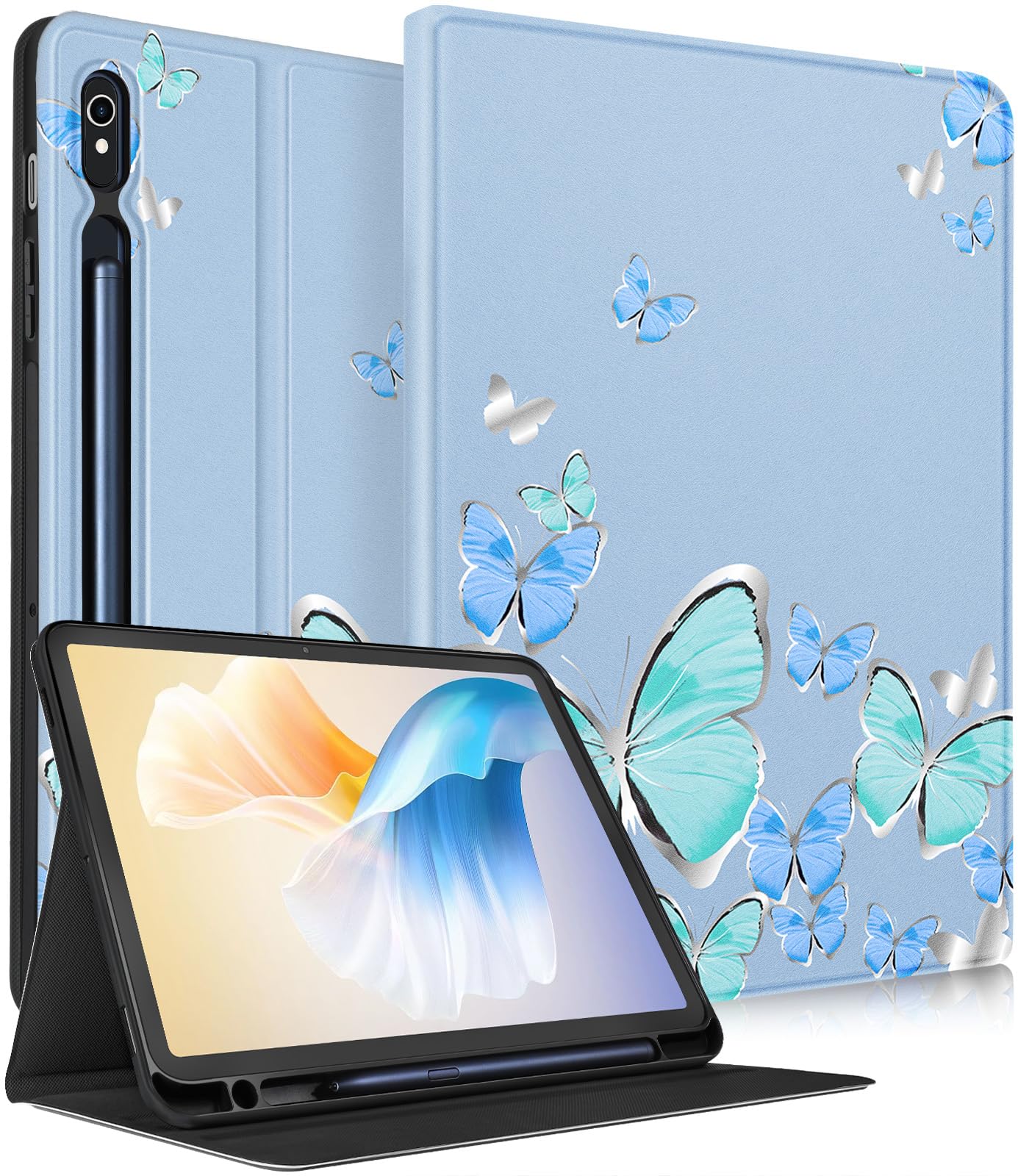 Wazzasoft for Samsung Galaxy Tab S10 Fe/S9 Fe Case - Tab S9 Case Women Girls Cute Fashion Design Girly Kawaii Blue Butterfly Pretty Folio Tablet Cover