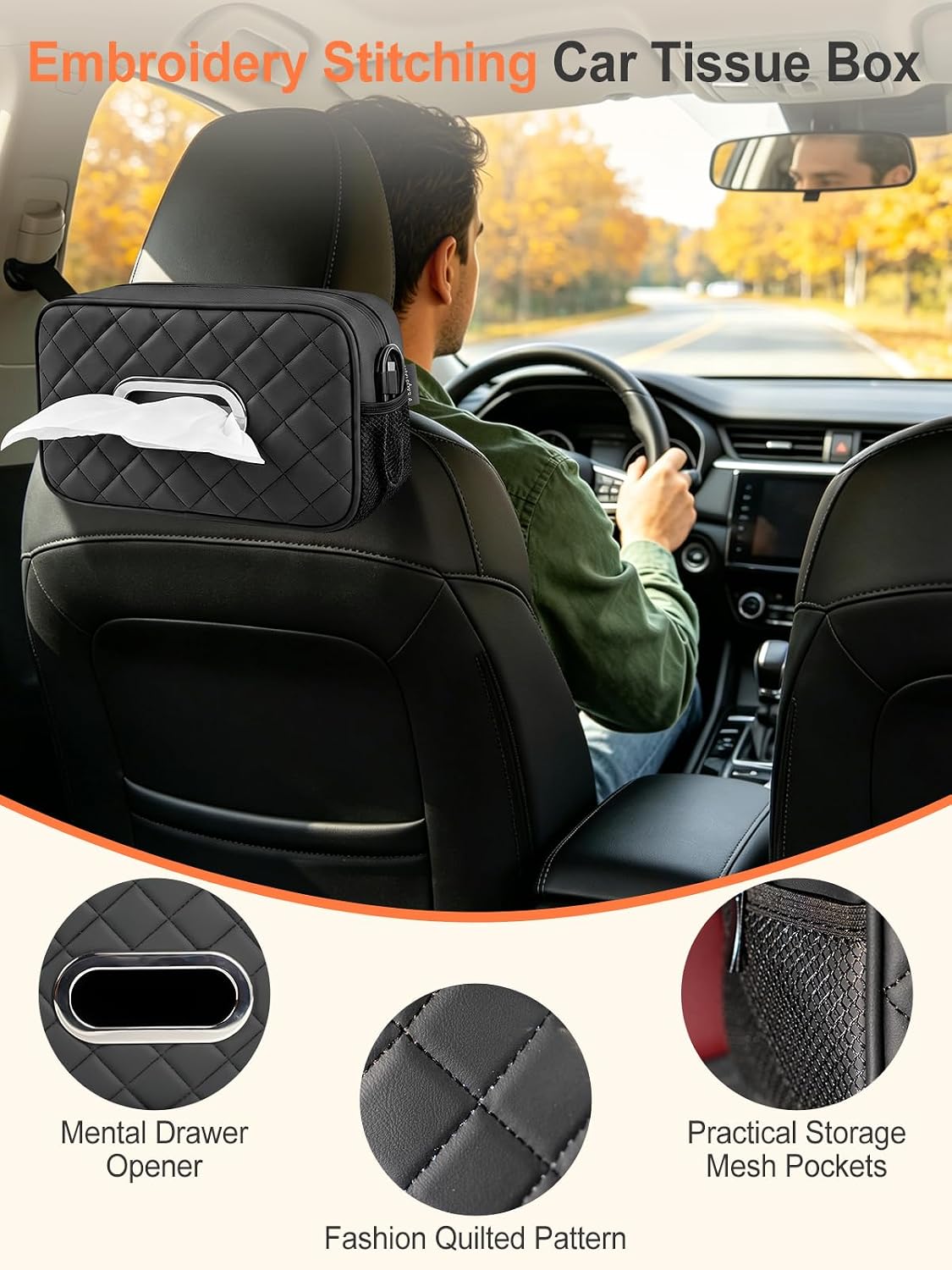 Car Tissue Holder, Diamond-Quilted Stitching Tissue Box Cover with 2 Mesh Storage Pockets, PU Leather Rectangle Napkin Organizer Fit for 90-160 Regular Size Tissues,Black