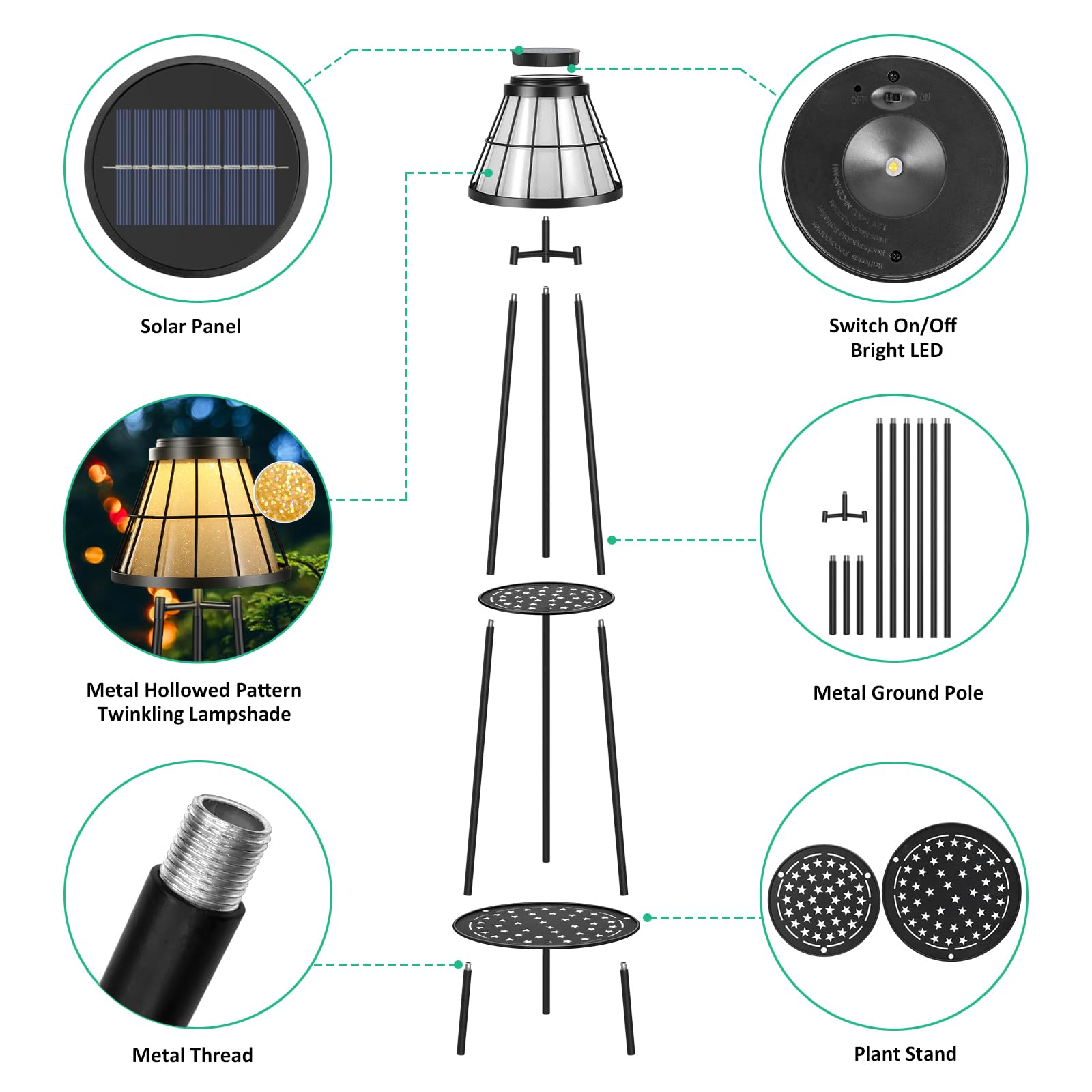 Paquete de 2 lámparas solares de pie de 45.5 pulgadas con soporte para plantas de 2 niveles, luces solares de metal impermeable para exteriores, estante de flores para patio, terraza, jardín, porche,
