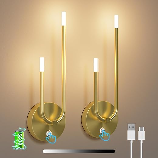 Aipsun 2 Stück LED Akku Wandleuchte Innen Gold, kabellose Wandlampe mit Akku, 𝟓𝟓𝟎𝟎𝐦𝐀𝐡, Touch 3000K, Magnetisch Wandleuchten modern für Schlafzimmer Wohnzimmer, Flur, Treppenhaus