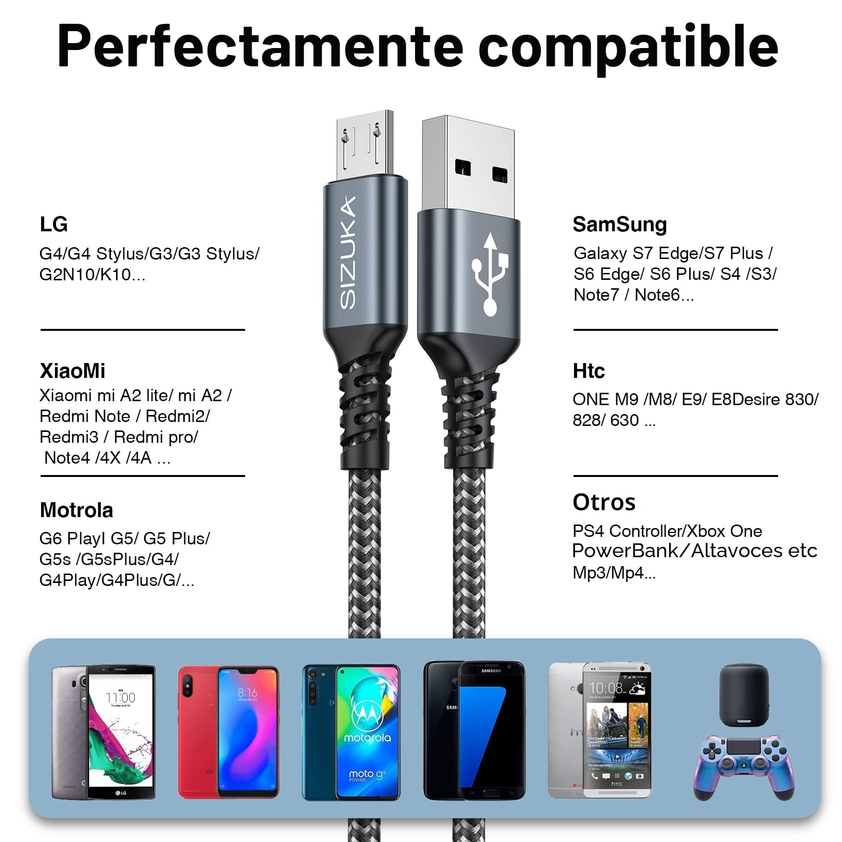 Cable Micro USB [2Pack 1M] Cable Carga Rápida Nylon Cargador Movil Android Compatible con Samsung S7/S6/S5/J7, Sony,Xiaomi,Huawei, HTC, Motorola, LG, PS4, Kindle