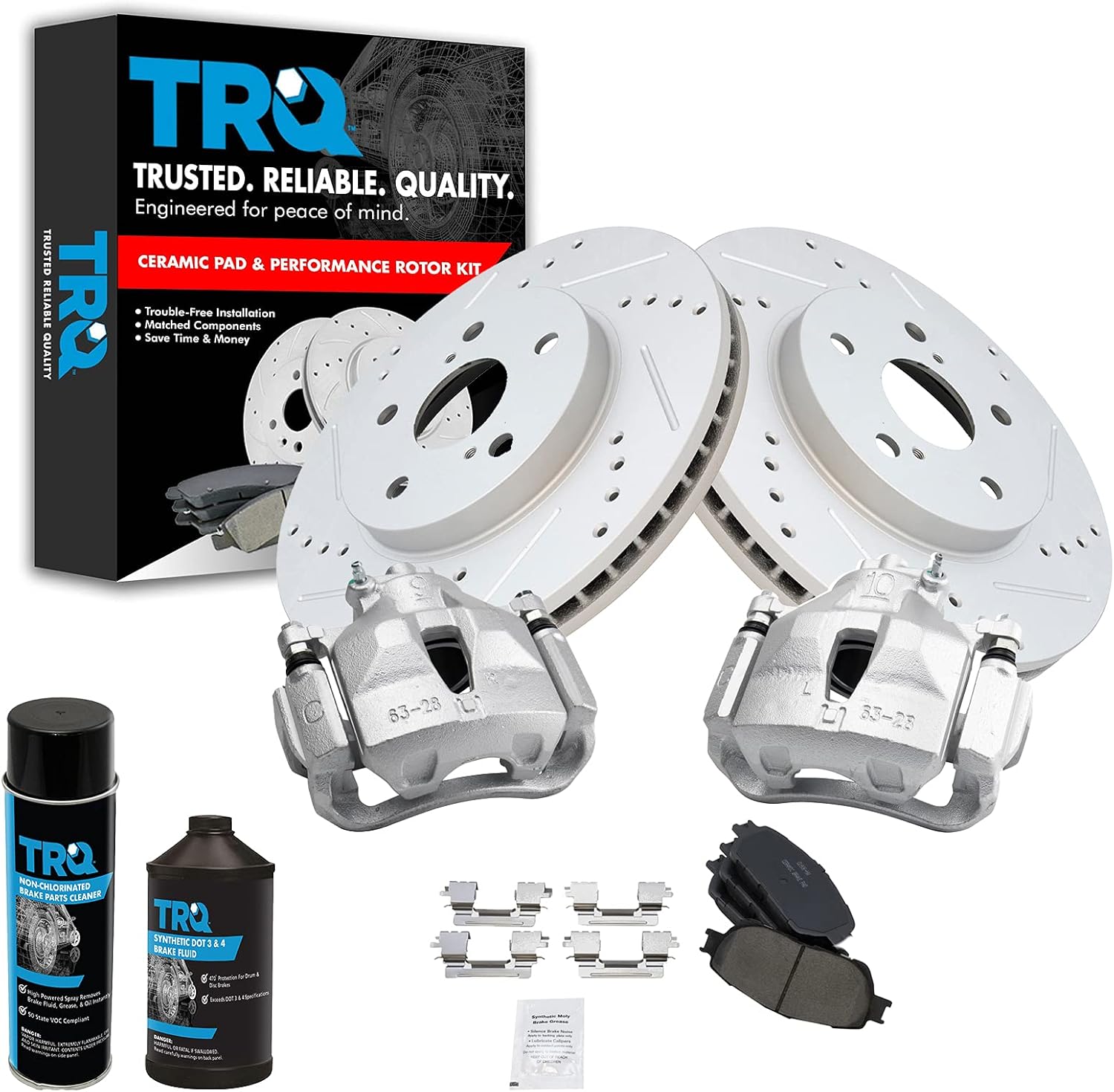 TRQ Front Ceramic Pads Performance Rotors Calipers & Fluids for Avalon Sienna Solara Camry SE XLE 3.3L 3.0L