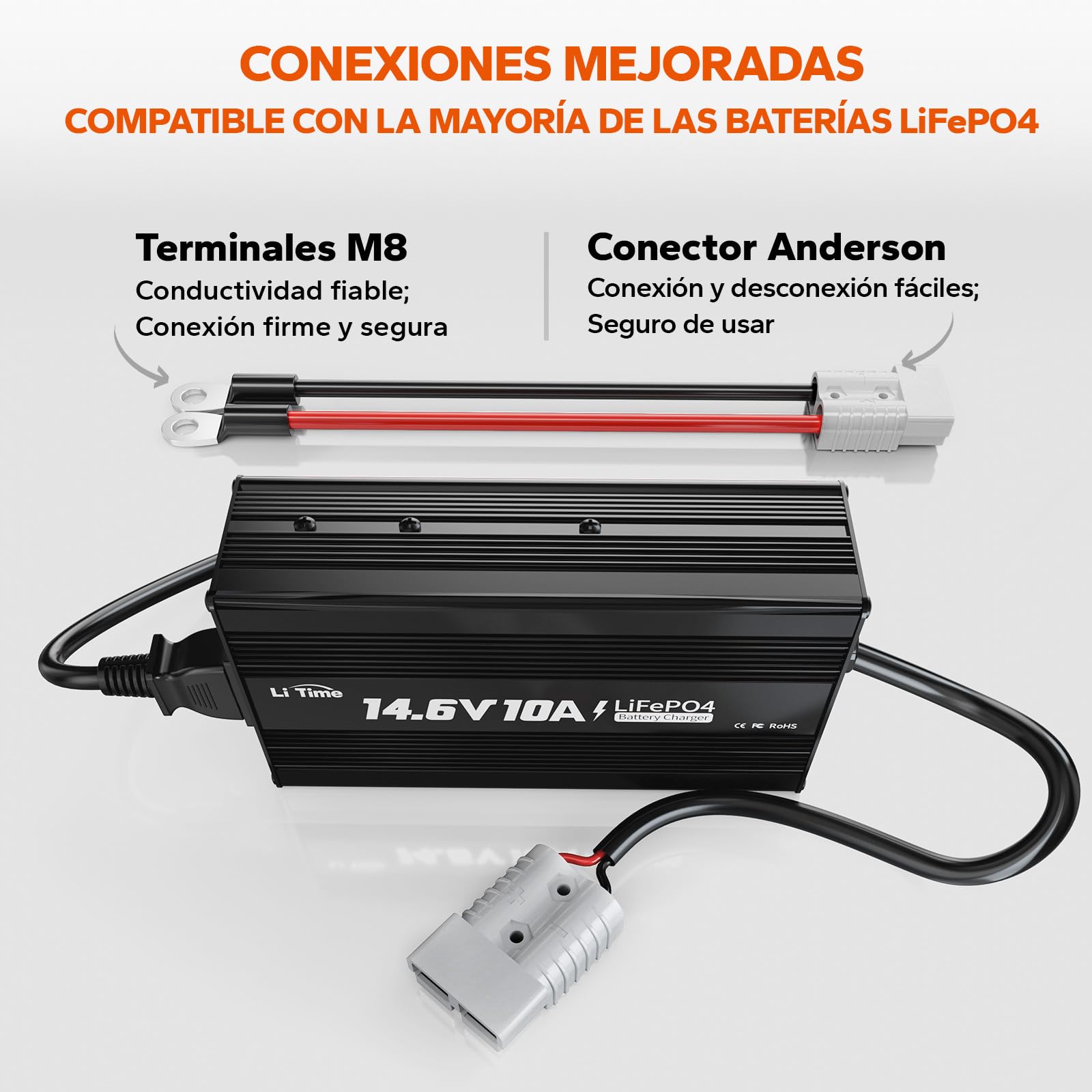 LiTime 12V 10A Cargador de Batería de Litio, 14,6V CA-CC Cargador Lifepo4 con Conectores Anderson e Indicadores LED, Cargador de Baterías para Baterías Recargables de Ciclo Profundo para Coches