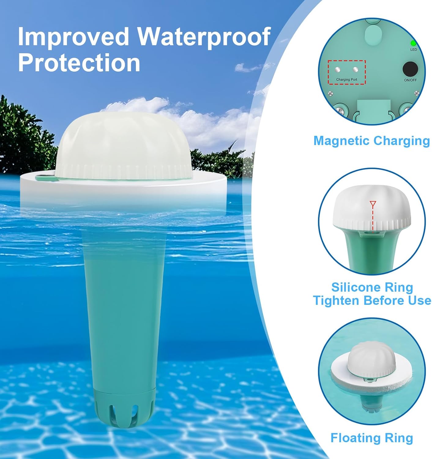 kactoily New Digital Pool Water Tester with App, Smart Pool Monitor for Chlorine, pH, Salinity, ORP, EC, TDS and Temperature, Real-time Alert and Magnetic Charging for Pool, Hot Tub & Spa