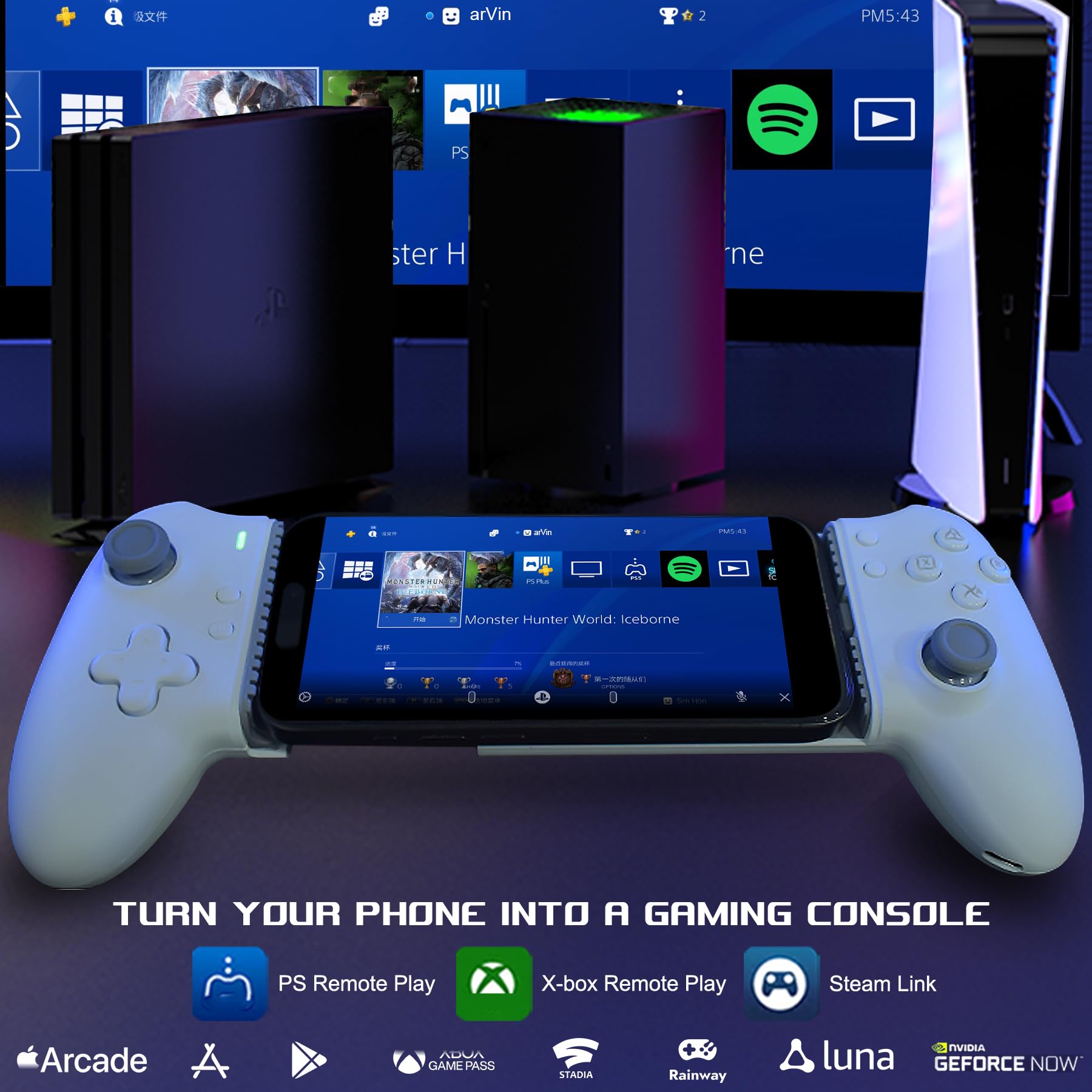 arVin Controller di gioco mobile di tipo C per Android e iPhone serie 16/15 (USB-C), controller del telefono Plug and Play con joystick effetto Hall e trigger Play PlayStation/Xbox Streaming/Call of
