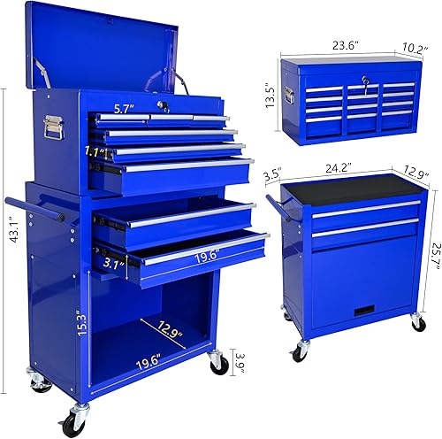 Miniatura 3 de Cofre de herramientas de 8 cajones, caja de herramientas rodante con caja de herramientas superior desmontable y cerradura de llave, armario de